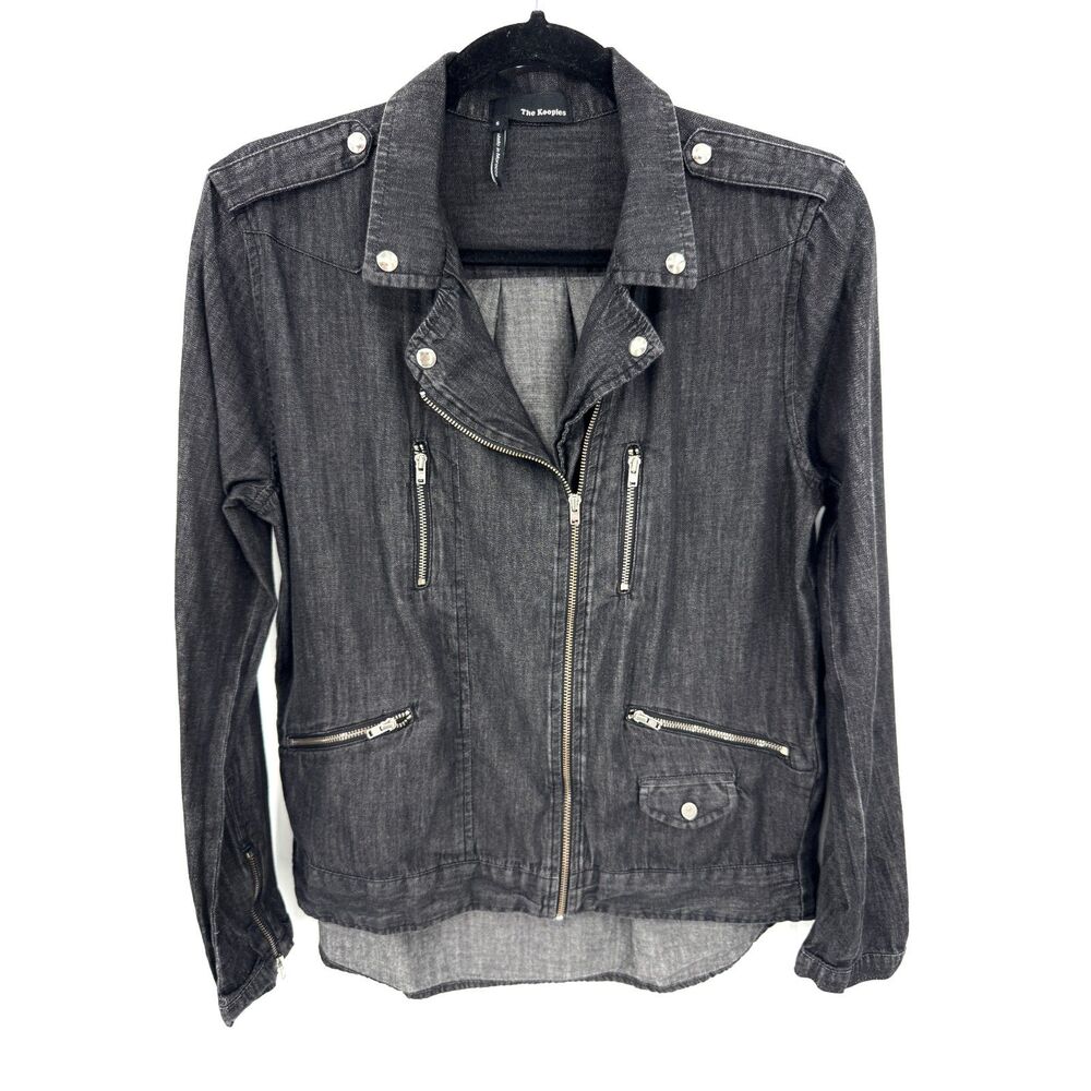 THE KOOPLES Black Chambray Denim Zip Up Moto Bomber Jacket Size S Small